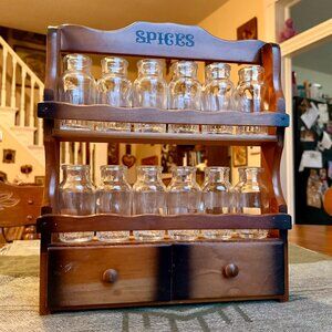Vintage Solid Wood Farmhouse Primitive Apothecary Style Spice Rack with 12 Jars